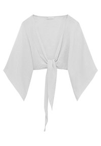 Lys grå, cropped sjal lavet af tekstureret stof med brede ærmer og en bundet frontdetalje. Enkel, klassisk design der er velegnet til lag-på-lag.