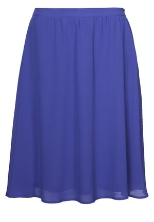 Jupe bleue longueur genou avec taille élastique et tissu fluide.