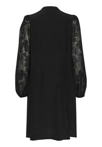 Black dress featuring long, sheer lace sleeves with floral patterns, a subtle A-line silhouette, and a straight neckline.