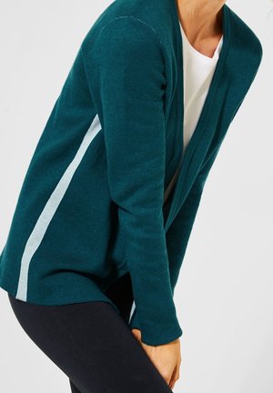 Personne portant un cardigan bleu canard avec une bande verticale gris clair sur le côté, sur une chemise blanche et un pantalon noir, penchée légèrement en avant.