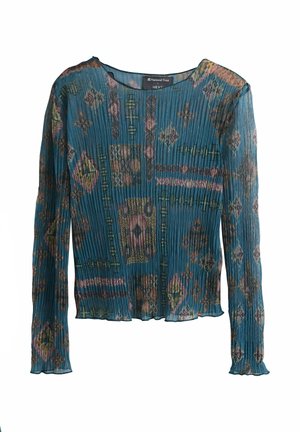 Teal long-sleeve blouse with pleated fabric and multicolor abstract geometric patterns throughout, featuring a round neckline.