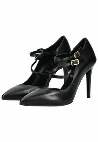 Escarpins noirs en cuir avec bouts pointus, brides de cheville et boucles en or. Texture lisse avec un design épuré et des talons de 10 cm.