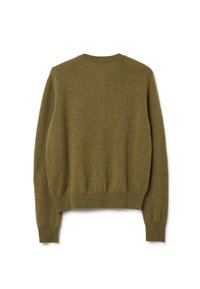 Maglione lavorato a maglia verde oliva con scollatura rotonda, maniche lunghe, polsini e orlo a coste. Texture morbida e design minimal.