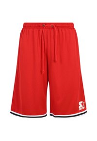Shorts atletici roșii dintr-un material ușor, cu o talie elastică și șnur, dungi negre și albe, și un logo în colțul inferior.