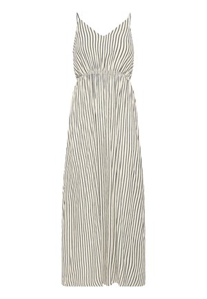 Robe longue sans manches avec de fines rayures verticales noires sur fond blanc et une taille froncée.
