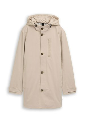Beiger Kapuzenmantel mit Knöpfen vorne, einer vertikalen Brusttasche, verstellbaren Manschetten und gestreiftem Innenfutter.