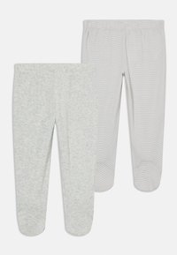 To par med leggings: en ensfarget lys grå, en lys grå med hvite striper. Begge har elastiske midjebånd og bunn med føtter.
