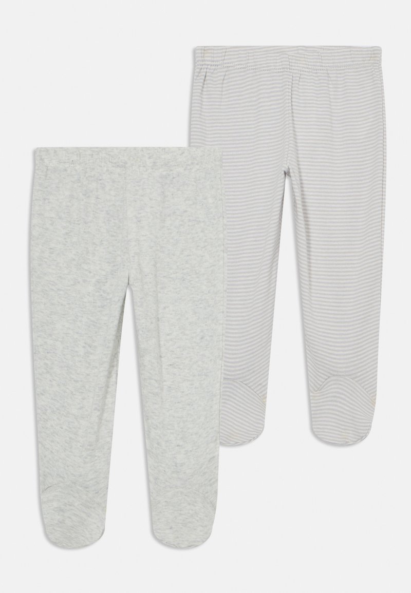 To par med leggings: en ensfarget lys grå, en lys grå med hvite striper. Begge har elastiske midjebånd og bunn med føtter.