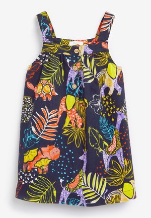 Robe sans manches bleu marine pour tout-petit avec des motifs colorés d'animaux et de feuilles et trois boutons en bois à l'avant.