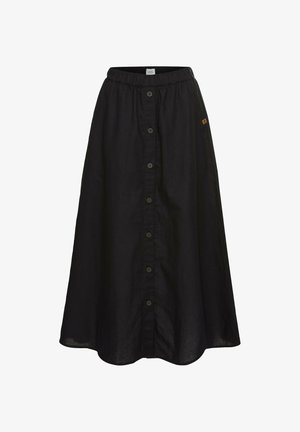 Zwarte linnen midi-jurk met een knoopsluiting aan de voorkant, elastische tailleband en zijaccenten. Glad weefsel, loopt gemakkelijk uit onder de taille.