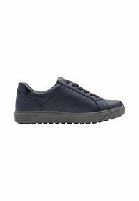 Navy leather sneakers with gray rubber sole, rounded toe, and lace-up design. Features smooth texture and minimalistic styling.