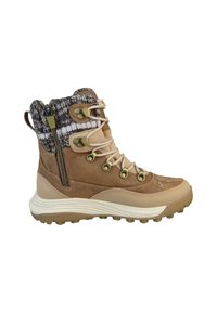 Bota de senderismo marrón con suela beige, cuello de tobillo tejido, cremallera lateral y cordones beige pasados por ojales metálicos.