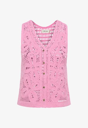 Roosa heegeldatud vest V-kaelusega, millel on lillemustrid, nupud esiküljel ja avatud kudumise tekstuur. Sobib soojadele ilmadele.