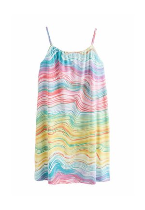 Sleeveless dress with thin straps featuring a multicolored wavy striped pattern in pastel shades of pink, blue, yellow, and green.