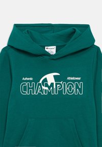 Žalsvai mėlynas džemperis su gaubtu, priekyje kišenė, didelis baltas logotipas „CHAMPION“ ir mažesnis tekstas. Yra raišteliais reguliuojamas gaubtas ir minkštas medvilnės audinys.