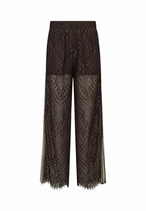 Črne široke hlače z izjemnim vzorcem čipke in robovi z valovitimi nazobčanji, z prozornim materialom ter črtastimi stranskimi paneli.
