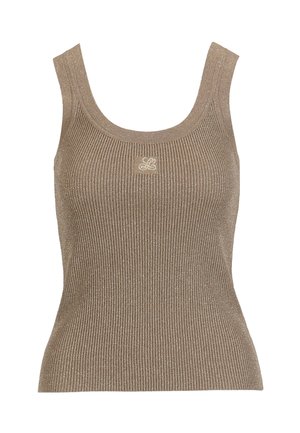 Mouwloos ribgebreid tanktop in beige met een ronde hals en een klein geborduurd logo centraal geplaatst nabij de halslijn.