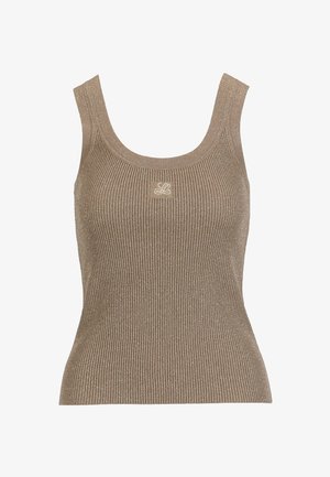 Mouwloos ribgebreid tanktop in beige met een ronde hals en een klein geborduurd logo centraal geplaatst nabij de halslijn.