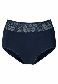 Mutande a vita alta di colore blu navy, realizzate in un tessuto morbido, con un delicato bordo in pizzo caratterizzato da un motivo floreale lungo l'elastico in vita.