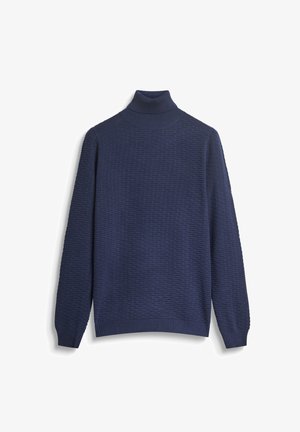 Marine plavi turtleneck džemper napravljen od teksturiranog pletenog materijala. Ima duge rukave, a rebrasti detalji na manžetama i donjem rubu dodaju stilski element i prilagodbu.