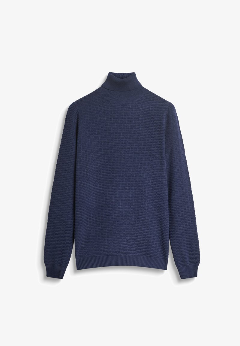 Maglione a collo alto navy realizzato in tessuto a maglia texturizzata. Presenta maniche lunghe e polsini e orlo a coste per un tocco di dettaglio e vestibilità.