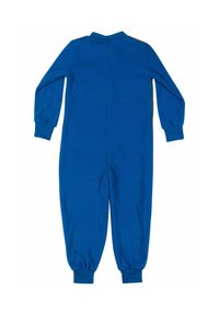 Salopette blu per bambini realizzata in tessuto morbido, con maniche lunghe, polsini elasticizzati, colletto rotondo e design posteriore senza cuciture.