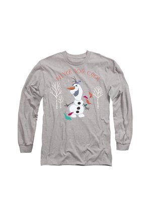 Gray long-sleeve shirt featuring an illustration of a cheerful snowman, text "NEVER TOO COOL," and colorful accents with tree designs.