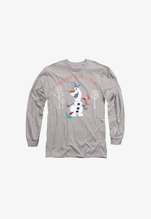 Gray long-sleeve shirt featuring an illustration of a cheerful snowman, text "NEVER TOO COOL," and colorful accents with tree designs.