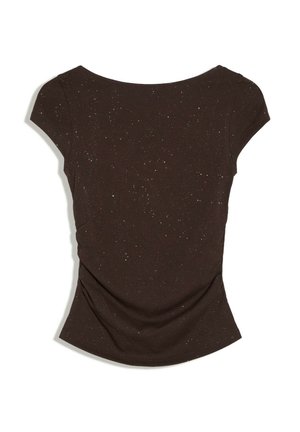 T-shirt ajusté manches courtes marron foncé avec un motif moucheté scintillant subtil sur fond blanc.