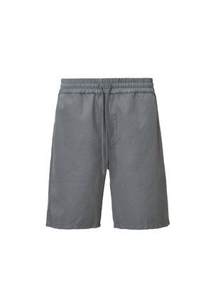 Graue Shorts aus leichtem Material, ausgestattet mit einem elastischen Bund und einem Kordelzug sowie einer lockeren Passform. Einfaches Design ohne Muster.