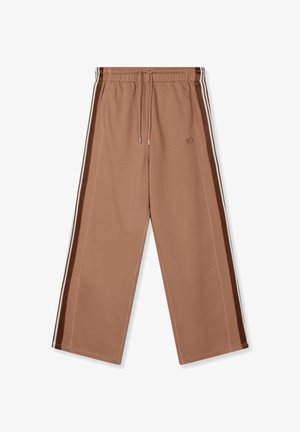 Pantaloni della tuta marroni in tessuto morbido, con design a gamba ampia, vita elastica con coulisse e strisce laterali a contrasto.