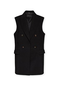 Schwarze ärmellose Weste mit einem doppelt geknöpften Design, goldfarbenen Knöpfen, scharfen Revers und seitlichen Taschen. Sanfte Textur, taillierte Passform.