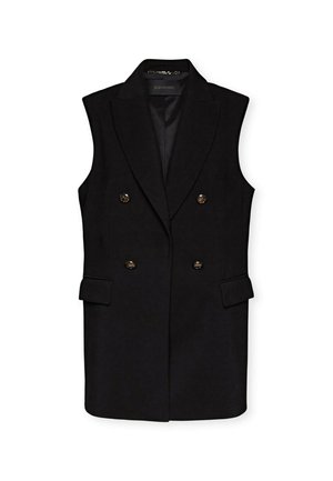 Gilet nero senza maniche con design doppiopetto, bottoni dorati, rever affilati e tasche laterali. Tessuto liscio, vestibilità sartoriale.