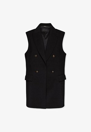 Zwart mouwloos vest met een dubbel-breasted ontwerp, goudkleurige knopen, scherpe revers en zijzakken. Gladde textuur, op maat gemaakte pasvorm.