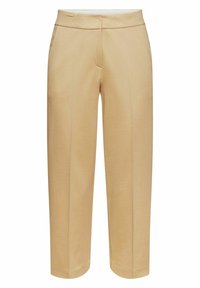 Pantalon beige sur mesure avec une coupe droite, présentant un devant plat, des poches latérales et une finition lisse.