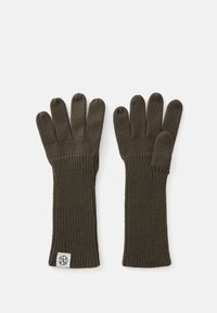 Brune strikkede hansker med lange ribbede mansjetter og fem-fingerdesign. Har et lite logopatch nær håndleddet. Myk tekstur.