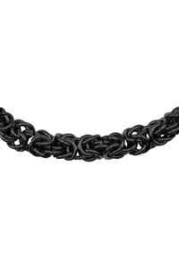 Zwarte ketting met schakels in ovaal en rond, met een gladde textuur en een glanzende afwerking.