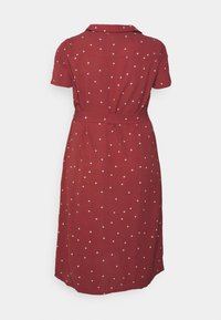 Červené šaty s krátkým rukávem a límcem, zdobené bílou puntíkovanou vzorem a odpovídajícím páskem v pase. Hladká tkanina s volným designem.