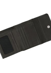 Geldbörse aus grauem Leder mit strukturiertem Finish. Verfügt über mehrere Kartenfächer, ein durchsichtiges Ausweisfenster und einen Druckverschluss in kompakter Bauweise.