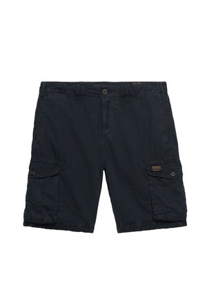 Pantalones cortos cargo negros con botón frontal, trabillas para cinturón y dos grandes bolsillos laterales con botones, con pequeñas etiquetas de la marca.