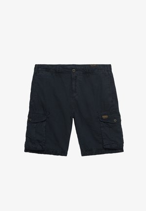 Zwarte cargoshorts met voorste knoop, riemlussen en twee grote knoopzakken aan de zijkant, voorzien van kleine merkemblemen.