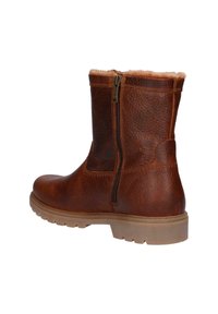 Botín de cuero marrón con acabado texturizado, cremallera lateral, forro acanalado y suela de goma duradera con diseño de banda de rodadura resistente.