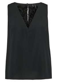 Svart ärmlös topp med djup V-ringning, med ett spetsmönster på insidan. Mjuk tygkvalitet, avslappnad passform, minimalistisk design, ingen synlig metalldetalj.