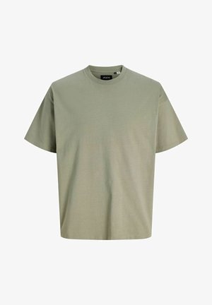 T-shirt unisex verde oliva chiaro a maniche corte con scollo rotondo, vestibilità regolare e etichetta del marchio visibile all'interno del colletto.