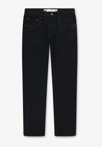 Black denim jeans with a slim fit, five-pocket design, metal rivets, and a straight leg. Features a classic waistband with belt loops.