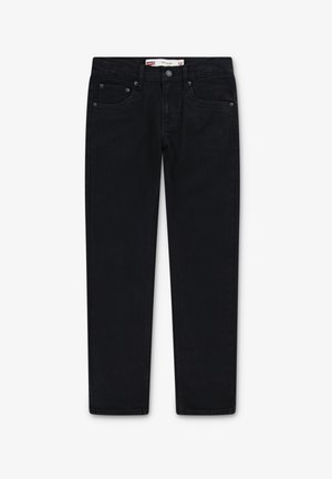 Jeans en denim noir avec une coupe slim, design à cinq poches, rivets en métal et jambe droite. Comprend une taille classique avec passants de ceinture.