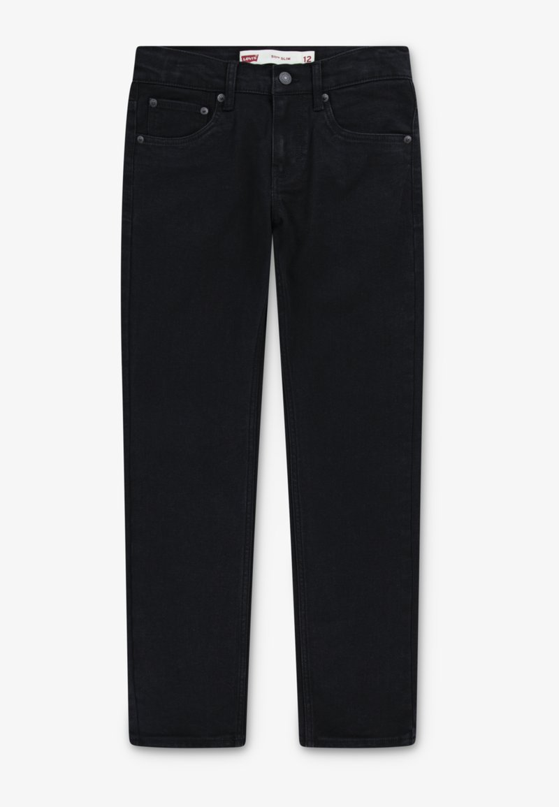Black denim jeans with a slim fit, five-pocket design, metal rivets, and a straight leg. Features a classic waistband with belt loops.