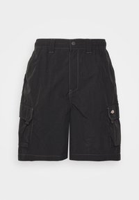 Black cargo shorts with an elastic waistband and button closure. Features side pockets and contrasting white stitching detail.