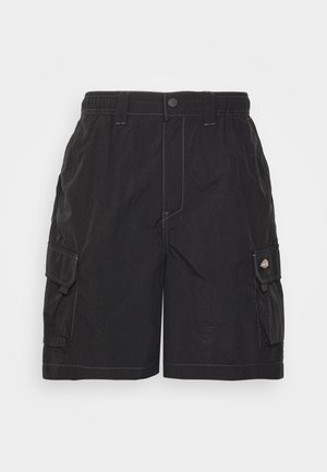 Sorte cargo shorts med elastisk midje og lukking med knapp. Har sidelommer og kontrasterende hvite sømdetaljer.