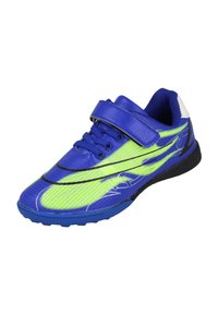 Zapatilla deportiva azul y amarilla con exterior de malla, correa de velcro, patrón texturizado y suela de goma negra. Ligeras y con un diseño deportivo.